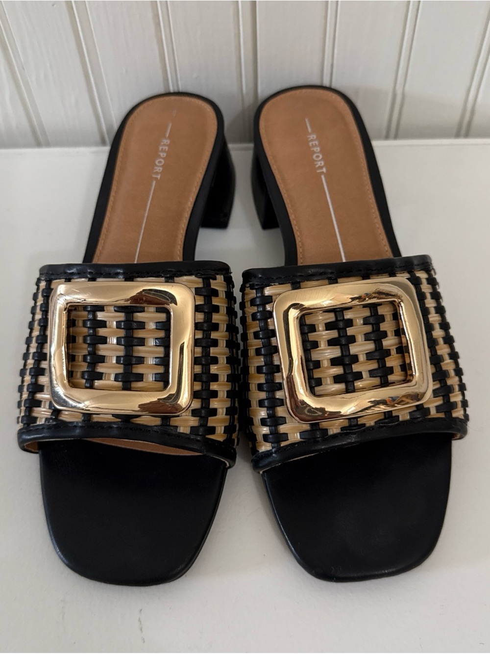 Report Black and Gold Woven Buckle Slide Mules, Size 7.5